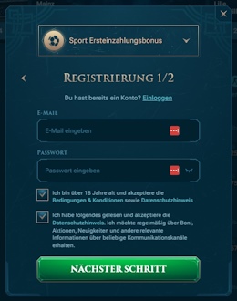Slotuna Registrierungsformular